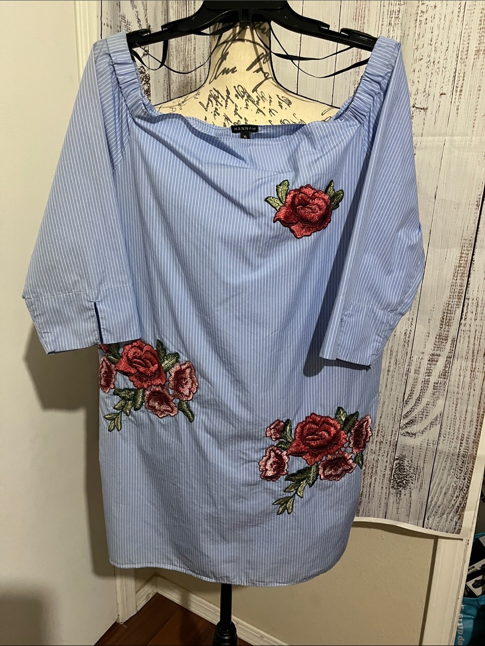 Hannah Blue Striped Off-Shoulder Floral Embroidered Women’s Top